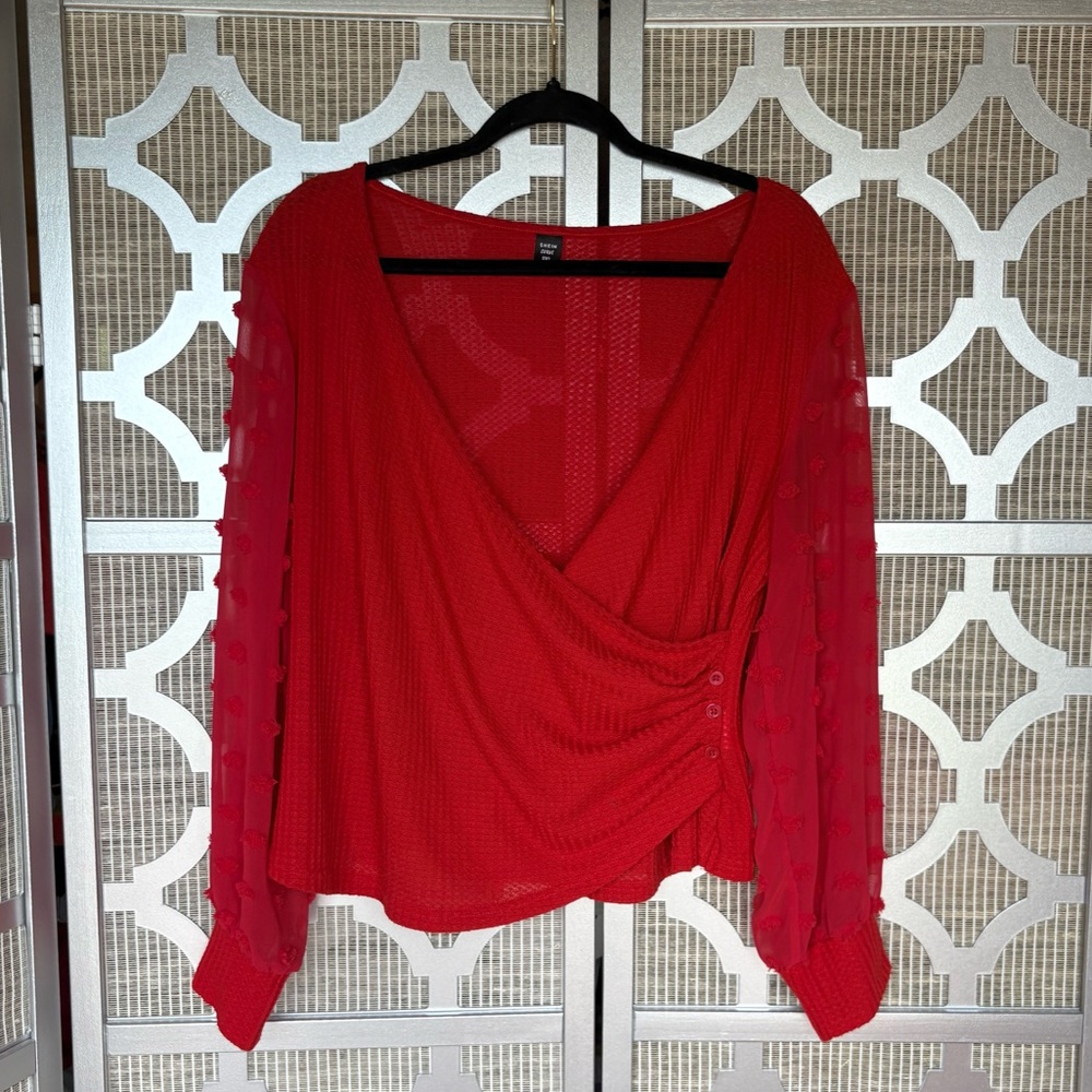 SHEIN Red Wrap Blouse with Ruffled Long Sleeves